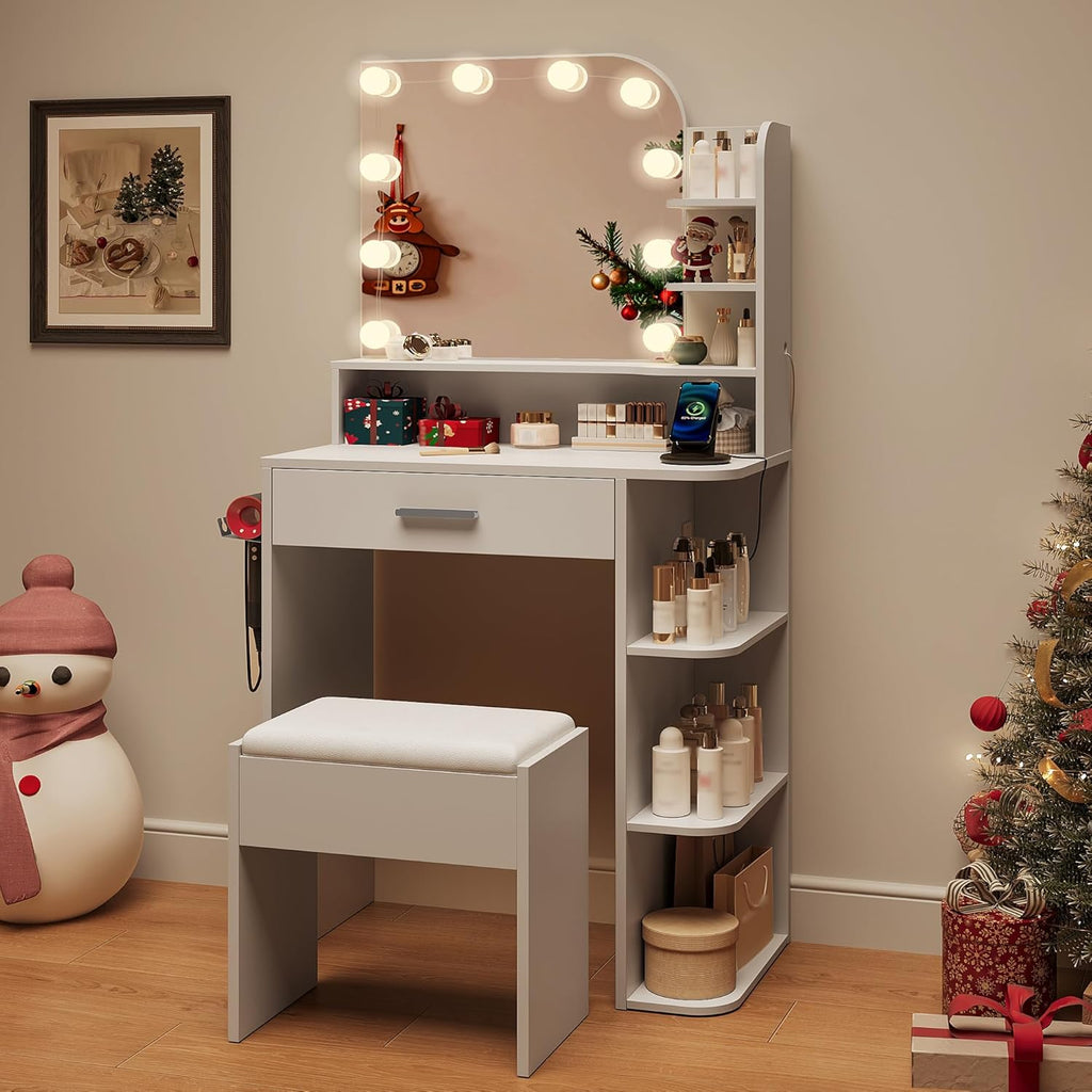 Small Vanity, Set with Big Mirror, Lights & Chair, for Girls, White | Small footprint, huge storage, 14.2×26.5×54.4"