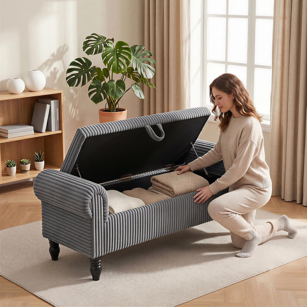 55" Corduroy Bench End of Bed, End of Bed Bench with Storage, Bed Benches with Rolled Arms, Upholstered Storage Bench