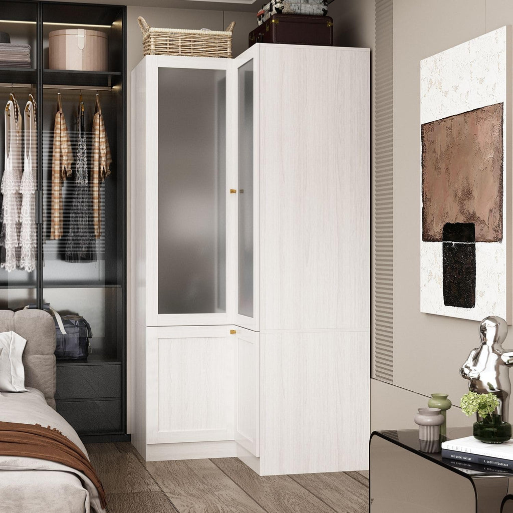 Corner Wardrobe, L-Shaped Modern Bedroom Armoires with Frosted Glass Doors and Hanging Rod, Corner Armoire Wardrobe