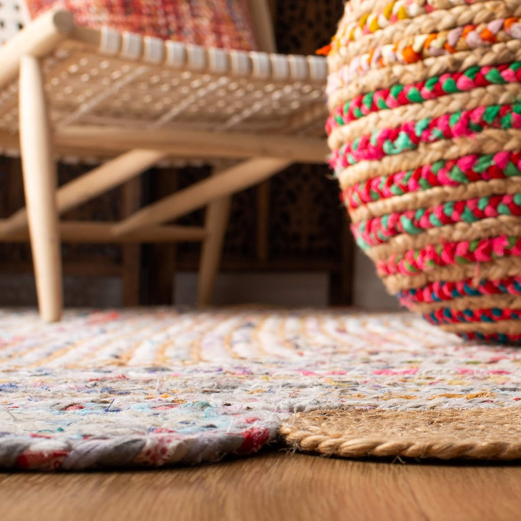 Cape Cod Collection Area Rug - 5' x 7' Oval, Beige & Multi, Handmade Boho Braided Jute & Cotton, Ideal for High