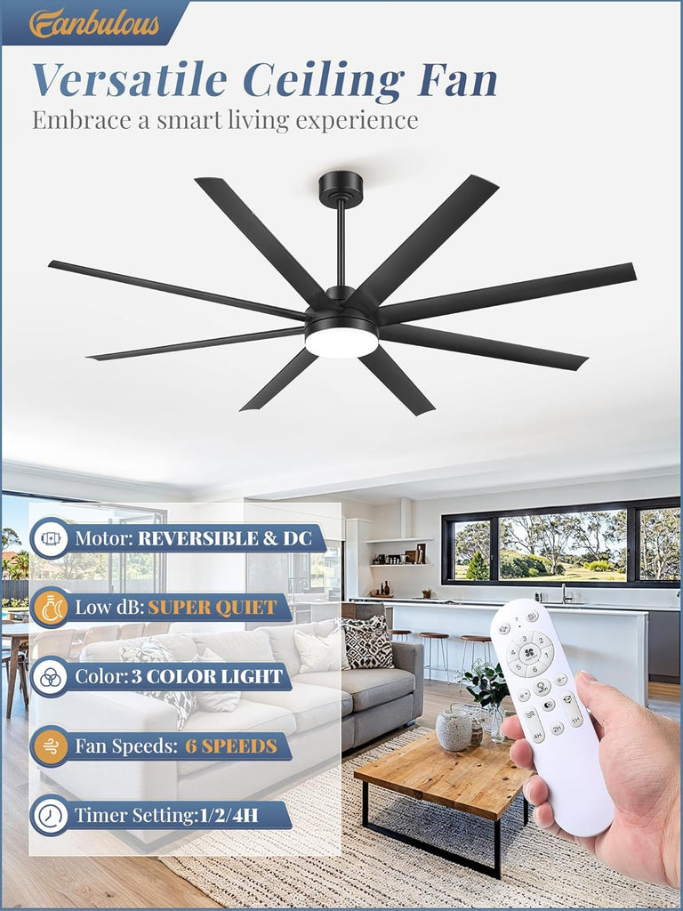 72 Inch Large Ceiling Fans with Lights, Black Ceiling Fan with Remote Control, Dimmable, 3CCT, Quiet