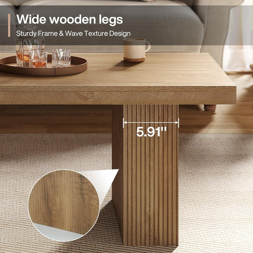 Farmhouse Coffee Table, 47.24 Inch Rectangle Center Table with Large Tabletop & Thick Base, Rustic Wooden Furniture