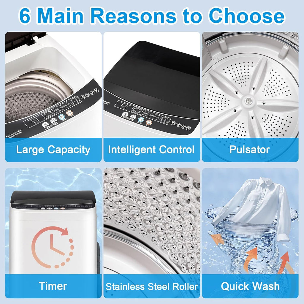 16 lbs Portable Washing Machine, Full-Automatic Laundry Machine with Stainless Steel Drum, 10 Wash Cycles, Compact