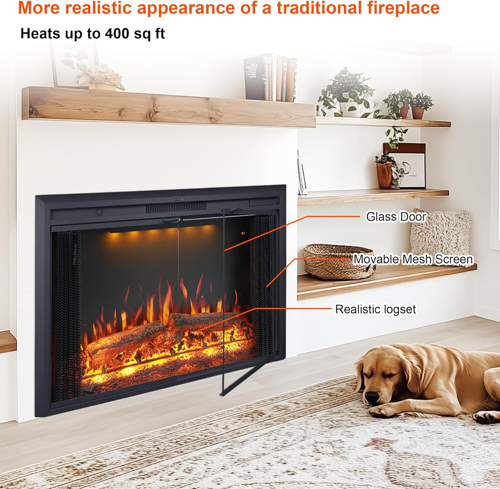 35.63” W 27.5" H Electric Fireplace Insert with Low/High Temperature Settings