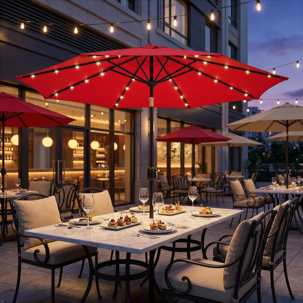 9FT Solar Powered Patio Umbrella - UV Protection Market Table Umbrella w/ 32 LED Lights & Push Button Tilt & Crank Lift