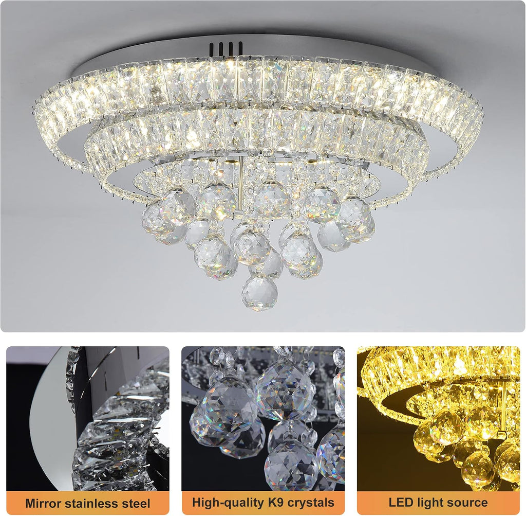 Elegant LED Crystal Raindrop Ceiling Light,20" Flush Mount Chandelier Light Fixture with Remote Control for Living