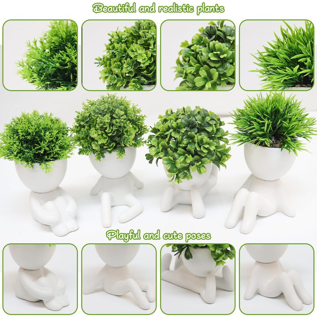 4 Packs Creative Fake Plants Artificial Succulents Plants in Ceramic Human Shaped Pots, Cute Faux Succulents Mini
