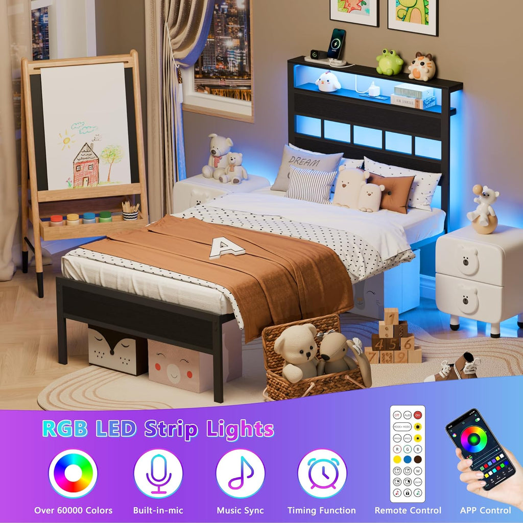 Twin Bed Frames with Charging Station and LED Lights, Twin Platform Bed with Metal Slats