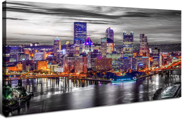 Large Pittsburgh Wall Art Black and White City Skyline Wall Decor Office Decor Pennsylvania Night Cityscape Canvas