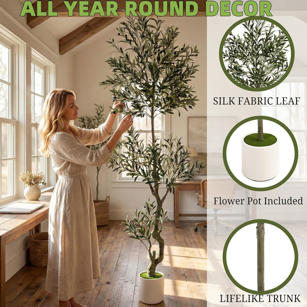 8ft Spherical Fake Olive Tree Artificial Indoor,Faux Olive Tree with Pot,Large Olive Branches and Lifelike Fruits