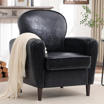 Accent Chair, Faux Leather Mid Century Modern Arm Chairs with Thick Cushion and Back, Comfy Upholstered Reading Chair