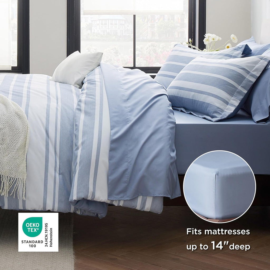 Blue Striped Comforter Set, King Bedding Set, 7 Piece