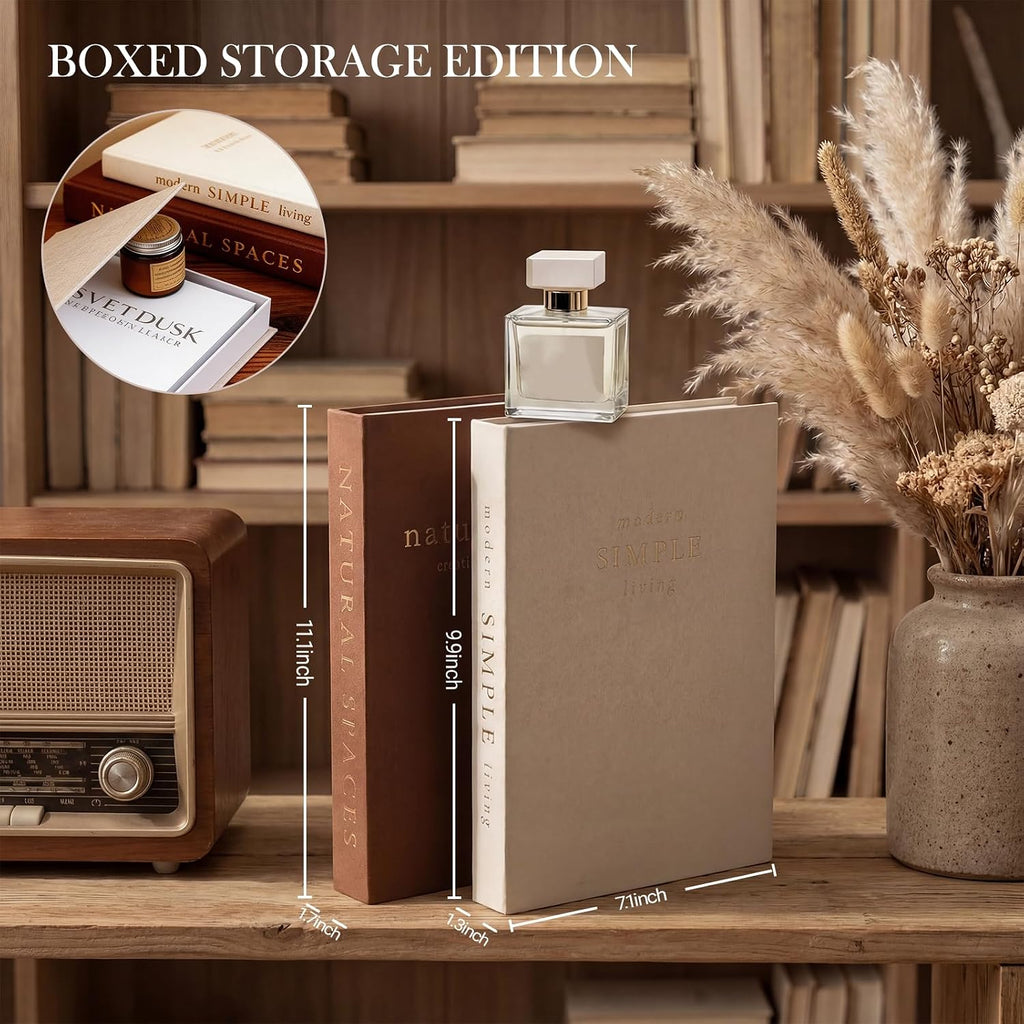 Elegant Decorative Books Set of 2, Linen Covered Decor Books with Gold Lettering & Magnetic Clasps for Storage.