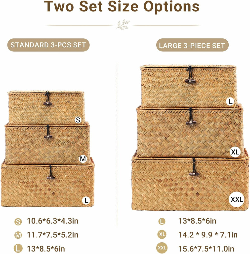 Storage Basket with Lid, Natural Seagrass Bin with Lid Set of 3, Shelf Baskets Multipurpose Container for Boho