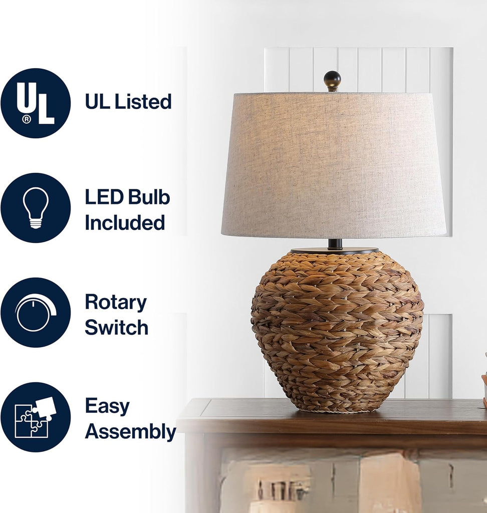 24.5" Natural Water Hyacinth Farmhouse Basket Table Lamp, Coastal Decor Bedroom Nightstand, Light Gray Linen Shade
