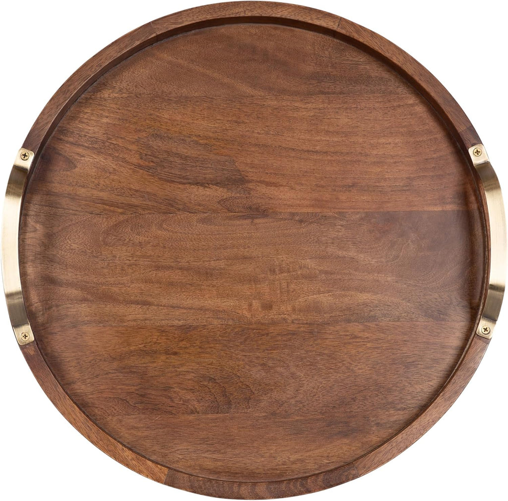 Farson Modern Decorative Wood Round Ottoman Tray with Handles, 18 Inch Diameter, Walnut Brown and Antique Brass