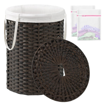 Laundry Basket with Lid Round Rattan PE Laundry Hamper, Brown