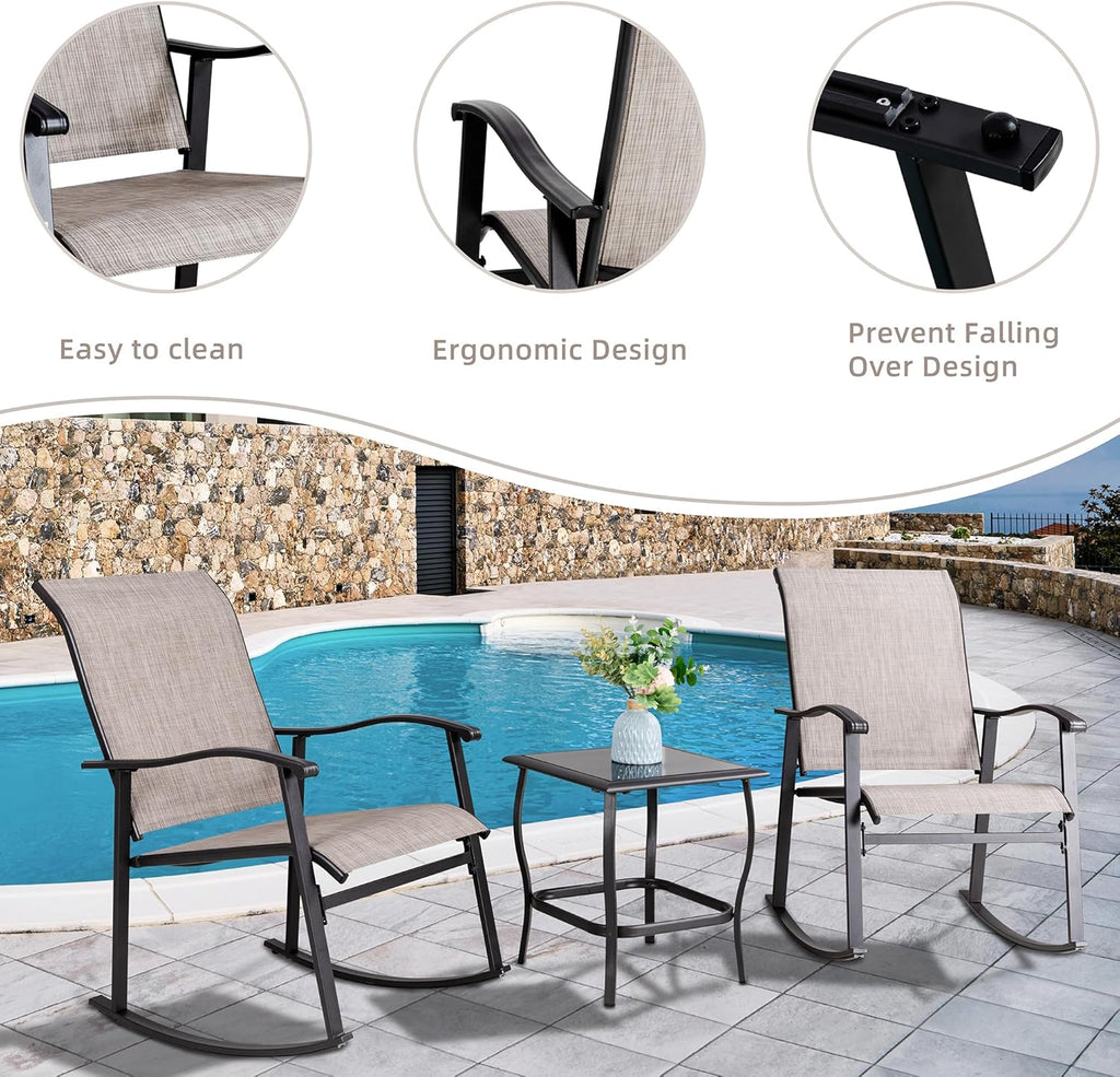 3 Piece Outdoor Rocking Bistro Set, Textilene Fabric Small Patio Furniture Set, Front Porch Rocker Chairs