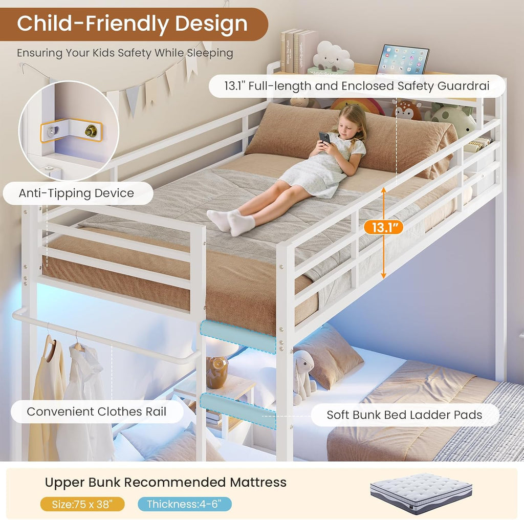 Triple Bunk Bed for Kids with Storage Drawers and Charging Station Twin Over Twin Metal 3 Bunk Bed with Storage