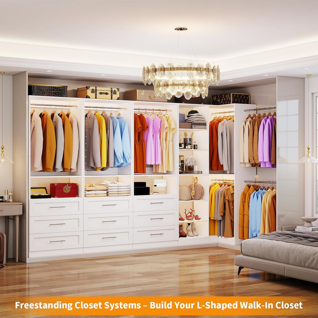 Closet System with 3 Drawers, Corner Closet Organizer Systems with 7 Shelves & 5 Hanging Rods L-Shaped Walk in Closet