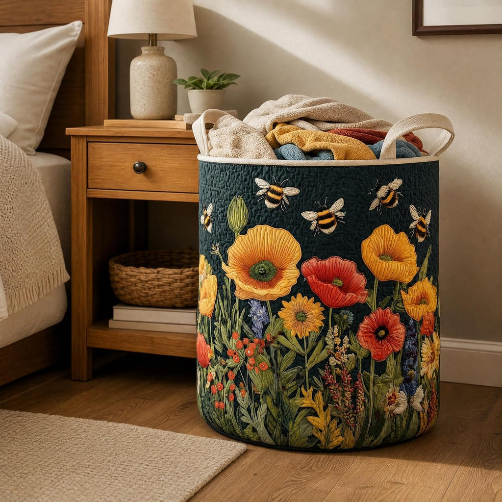 Quilted Laundry Basket with Handles, Boho Floral Quilted Storage Hamper, Large Capacity Laundry Hamper Bedroom