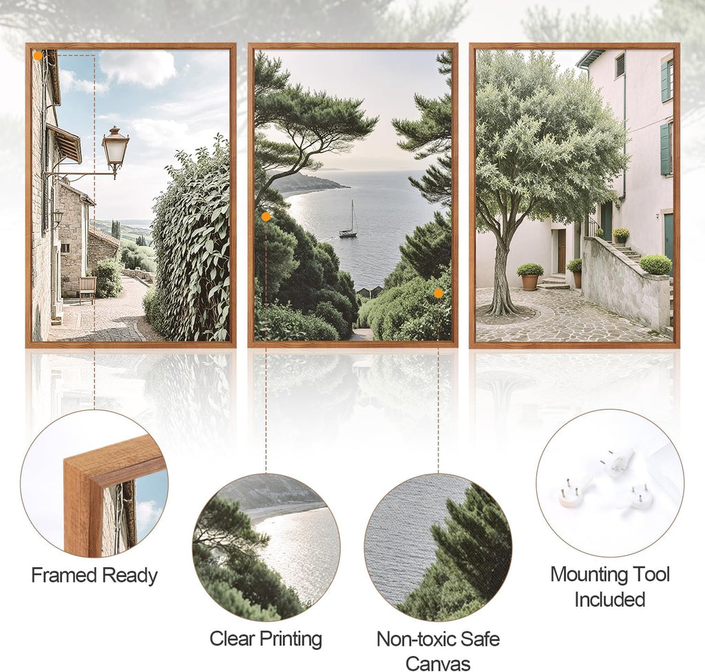 Neutral Italy Cityscape Gallery Framed Wall Art(16"x24"), 3PCS Vintage Mediterranean Countryside Landscape Canvas