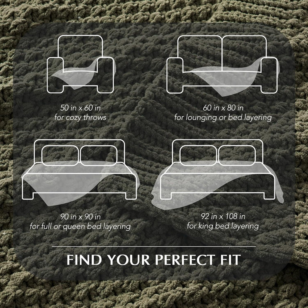 Chunky Chenille Knit Throw Blanket, Soft Luxurious Moss Stitch Chair Blankets, Cozy Decorative Farmhouse Knitted