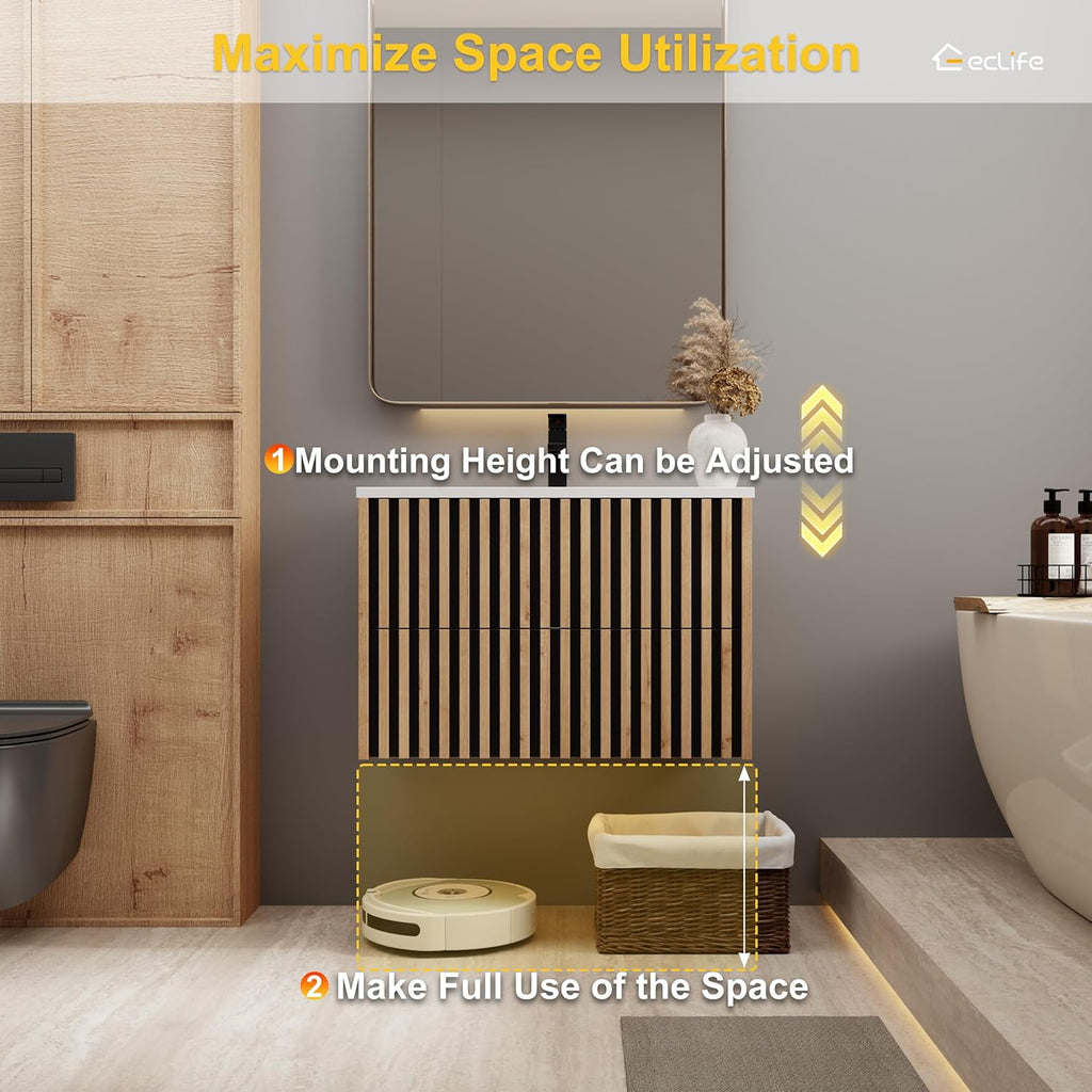 30" Floating Fluted Bathroom Vanity with Sink - Modern Wall Mounted Cabinet with 2 Drawers