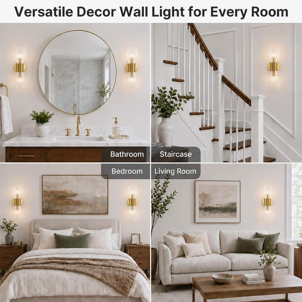 Gold Glass Wall Sconce Light,Mid Century Modern Bathroom Wall Sconces | Ribbed Clear Glass Gold Wall Light,2-Light