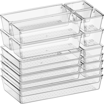 16 Pack Large Clear Plastic Drawer Organizer Bins - 5 Size Acrylic Bathroom and Vanity Organizers and Storage Trays
