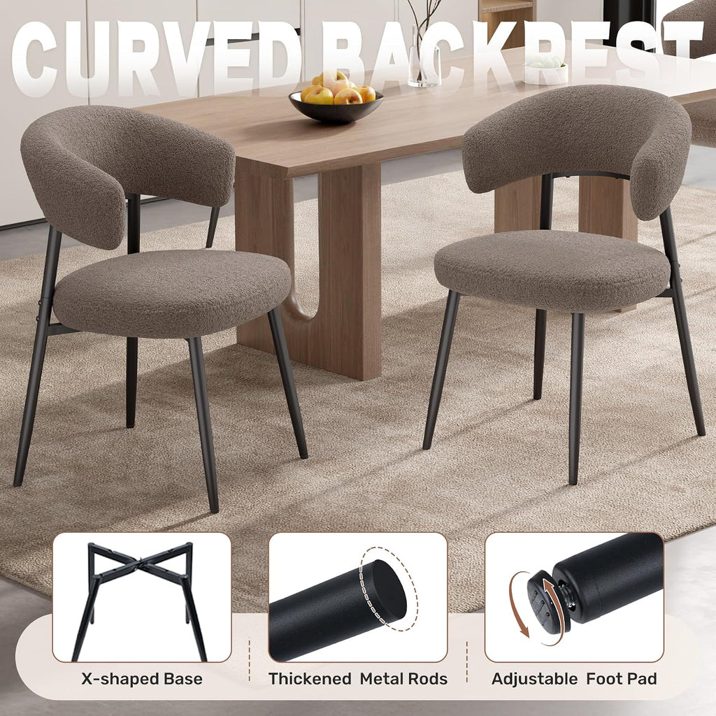 Dining Chairs Set of 4, Mid Century Modern Kitchen Chairs, Boucle Upholstered Dining Chair with Curved Backrest &