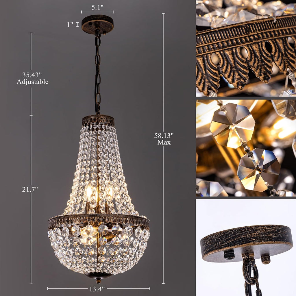 6 Lights French Empire Crystal Chandelier 13 Inch Farmhouse Chandeliers Lighting, Antique Bronze Adjustable Ceiling Pendant Light Fixture for Dining Living Room Bedroom Bathroom Foyer