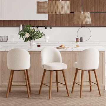 Modern Swivel Bar Stools Set of 3, Chic Upholstered Counter Height（26IN） Bar Chair with Back, Solid Wood Legs