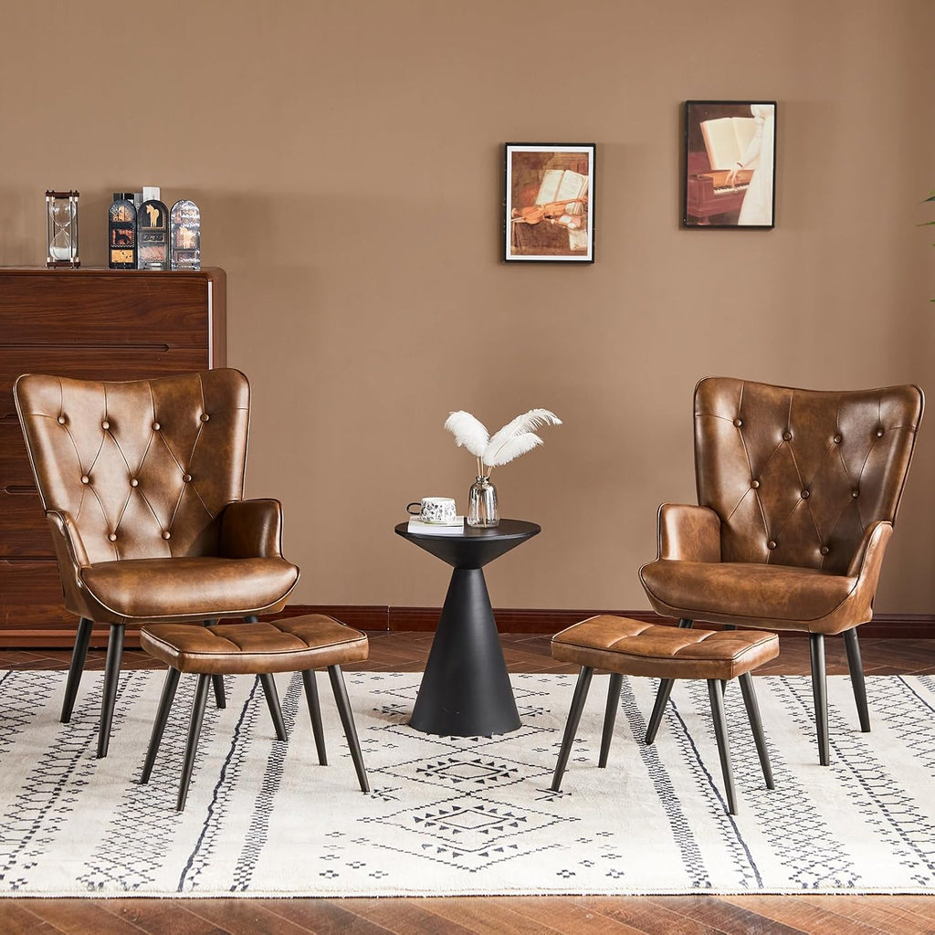PU Leather Accent Chair with Ottoman, Upholstered Reading Chair with High Backrest, Tufted-Button Wingback Armchair