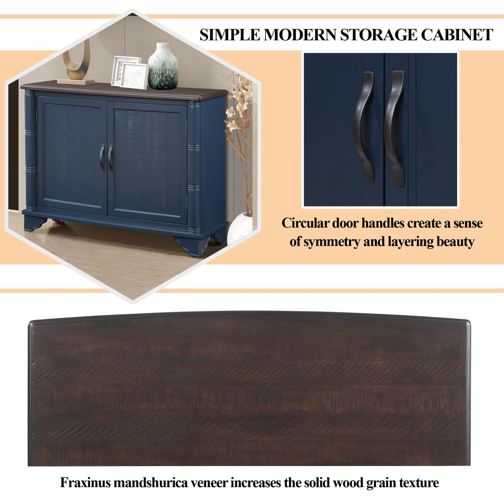 40" Sideboard Buffet Accent Storage Cabinet with Carved Pattern Side Board Solid Wood Frame (Blue+Brown)