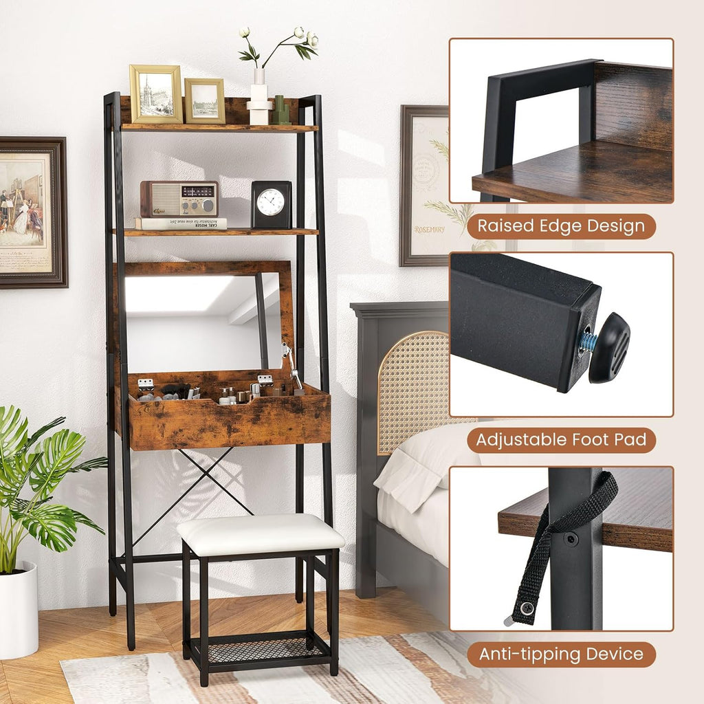 Vanity Desk Set with Flip-up Mirror, Ladder Vanity Table and Cushioned Stool Set w/ 4 Storage Compartments, Small