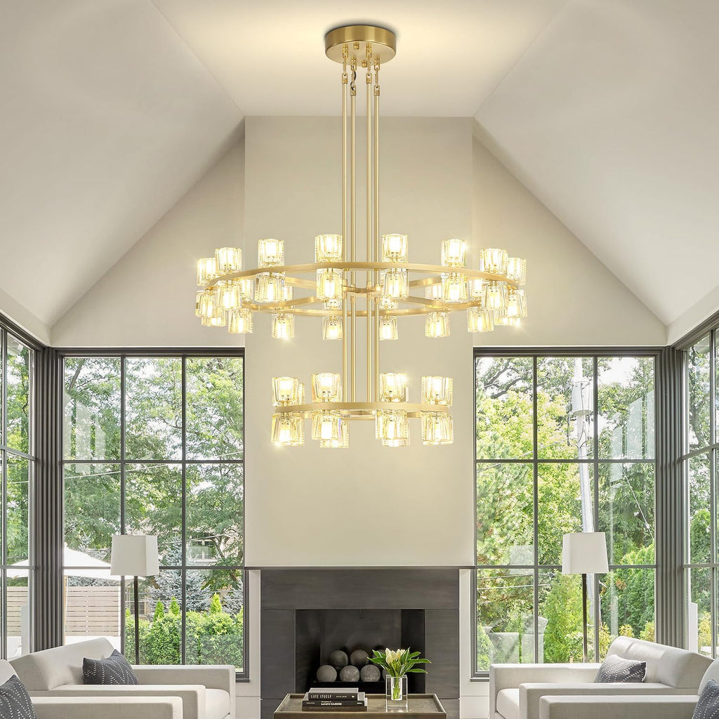Inspired Arcachon Style 2-Tier Round Wagon Wheel Chandelier, 16" + 32" 48-Light Gold — Foyer, Great Room & Dining