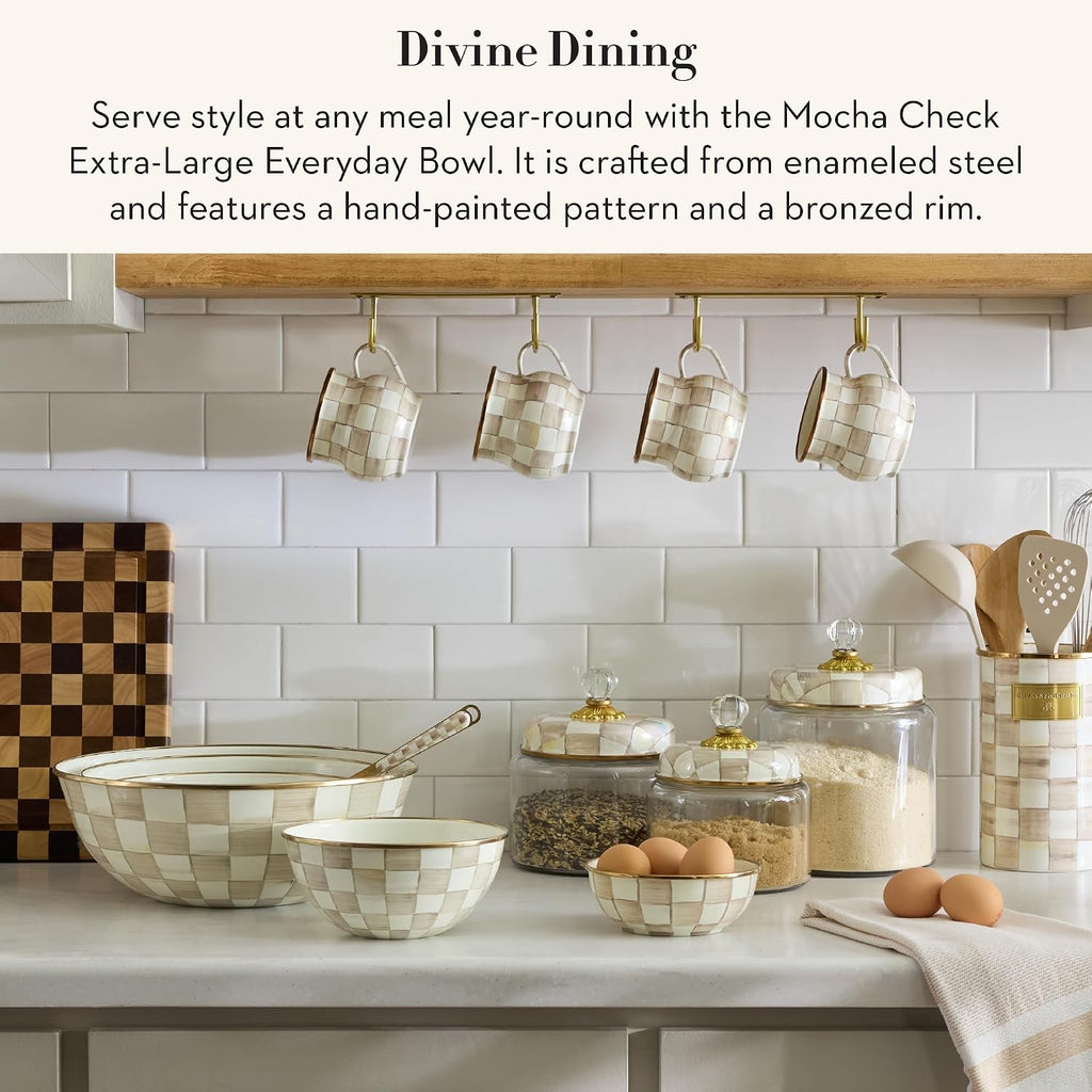 Everyday Bowl, Extra-Large, Brown-and-White Mocha Check | Hand-painted design, made from enameled steel, decorative