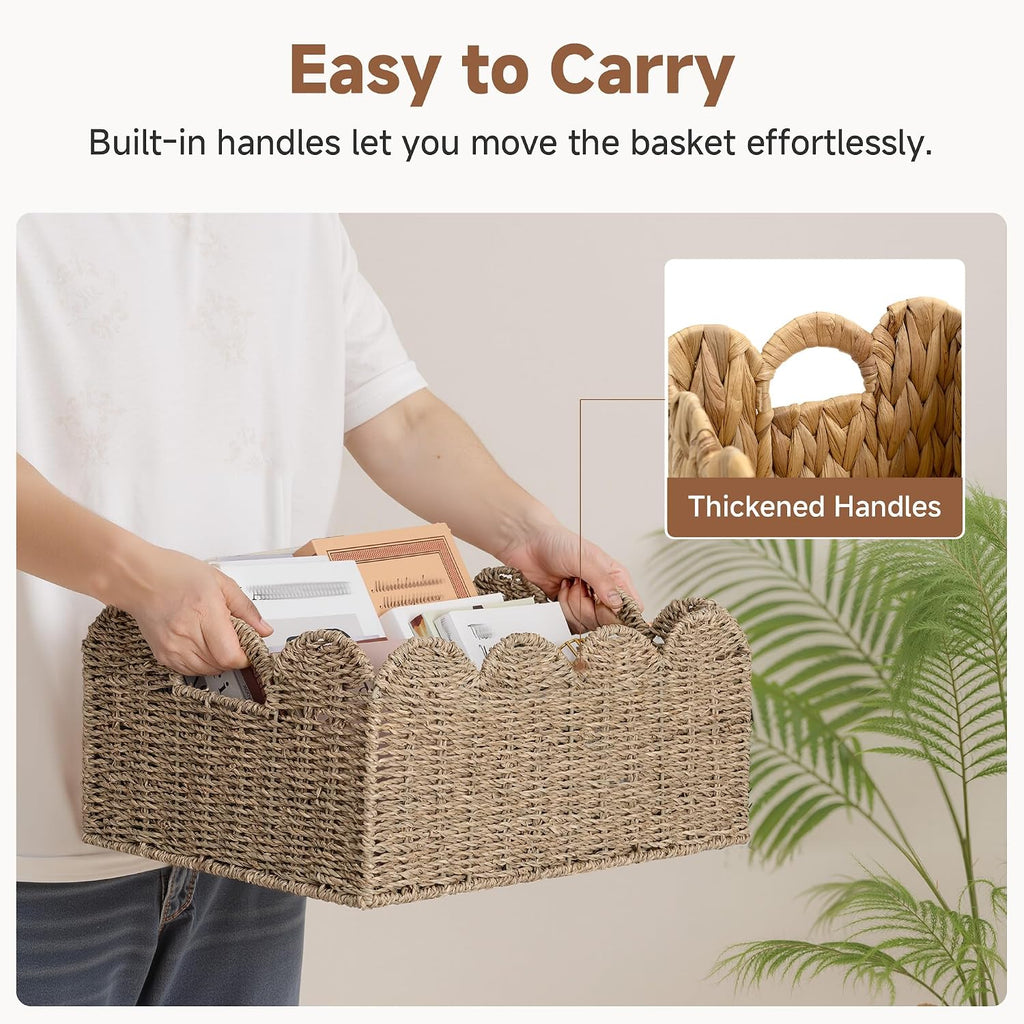 Scalloped Seagrass Baskets, Hand-woven Rattan Baskets with Built-in Handles, Cute Baby Basket , Basket for Organizing