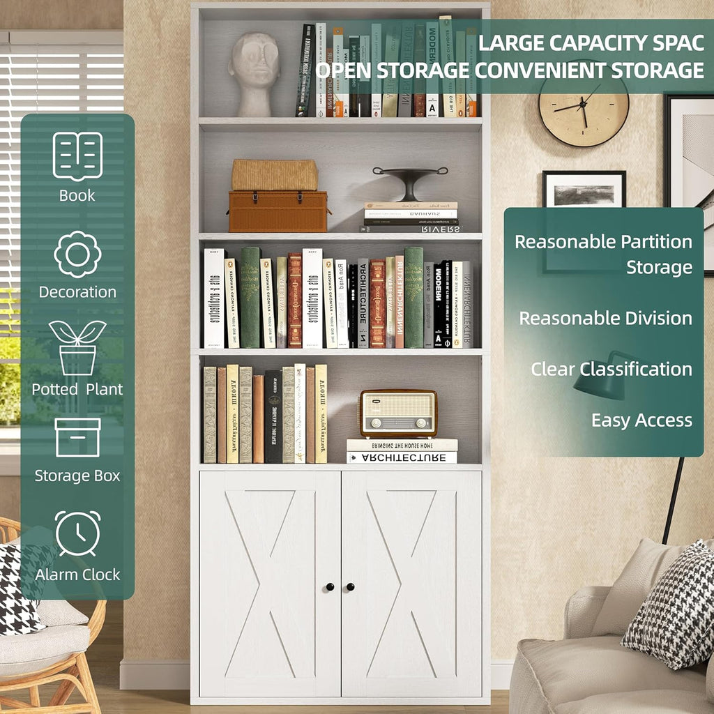 Bookshelf, Industrial Bookshelves and Bookcases with Doors Floor Standing 6 Shelf Display Storage Shelves 70.6 inches
