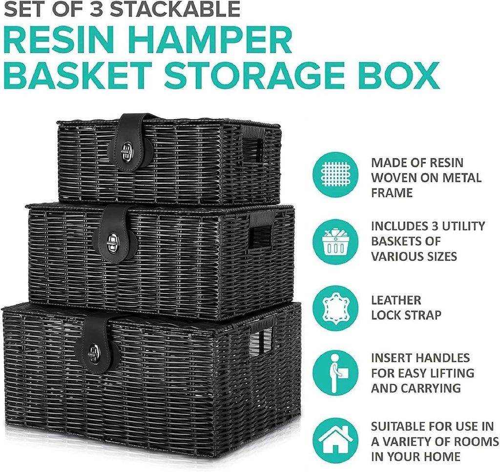 Set of 3 Woven Wicker Storage Basket Box with Lids & Lock, Built-in Carry Handles, Multifunctional Storage Organizer