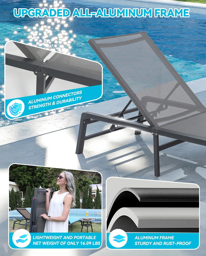 Aluminum Chaise Lounge Outdoor, Foldable & Assemble-Free Lounge Chair Outdoor Set of 2, Lounge Chair with 5