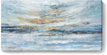 Abstract Wall Art Large Framed Light Blue Canvas Print Coastal Theme Artwork Modern Ocean Skyline and Sunset &