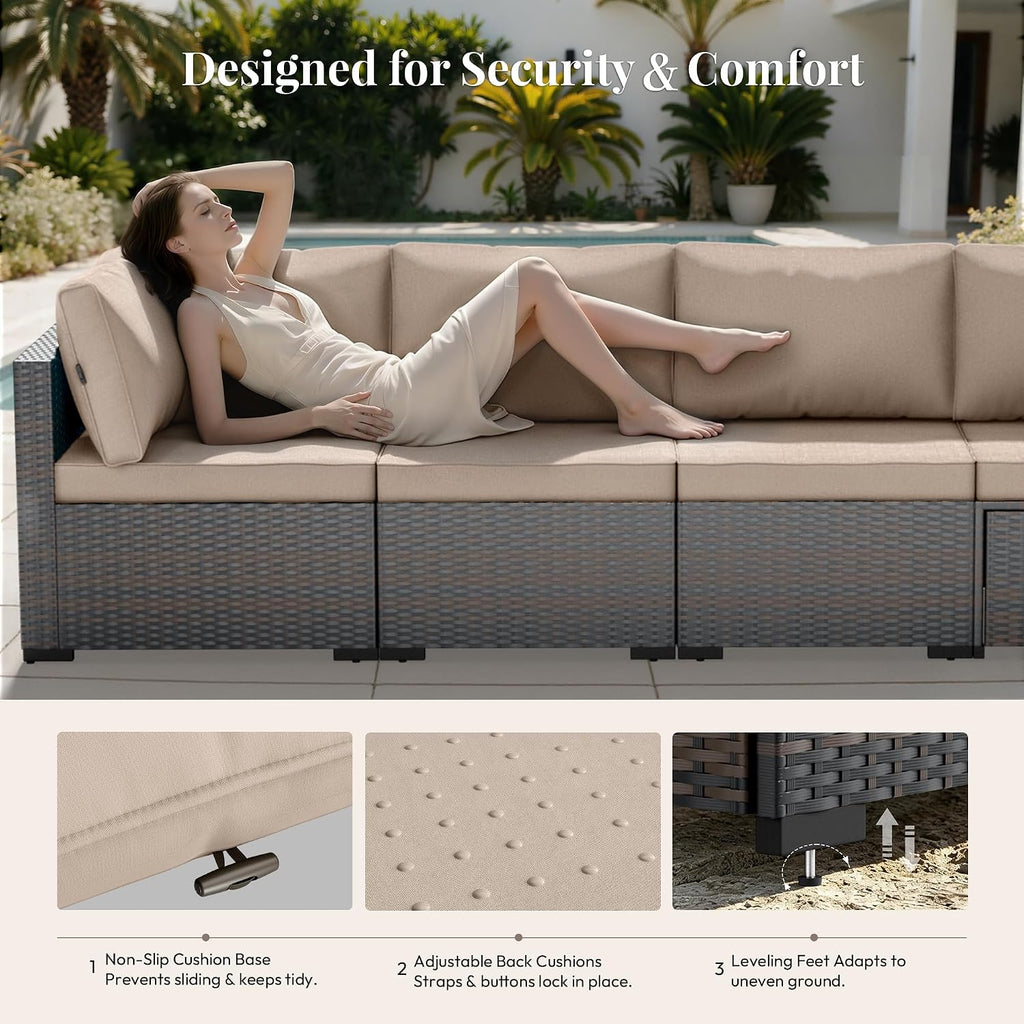 Patio Furniture Set 7 Piece - All-Weather - Wicker Rattan Patio Outdoor Conversation Set, Modular Sectional Sofa for