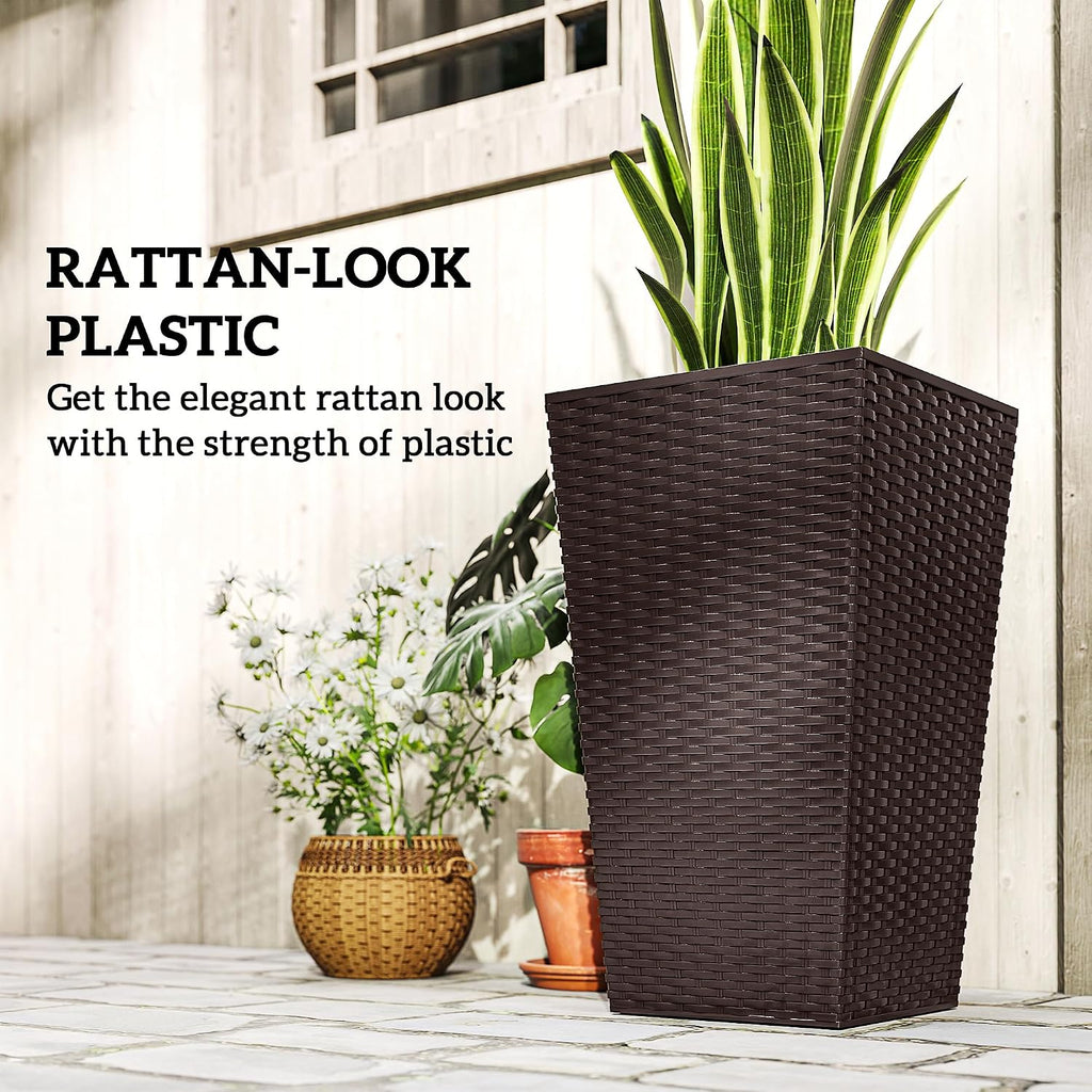 24 in Taper Tall Planters for Outdoor Plants Set of 3, Brown | with Drainage Holes, Rattan Decor Plant Pots, Indoor