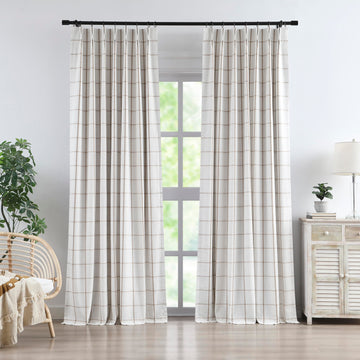 Flax Linen Plaid Pinch Pleated Full Blackout Curtains 40Wx95Lx2