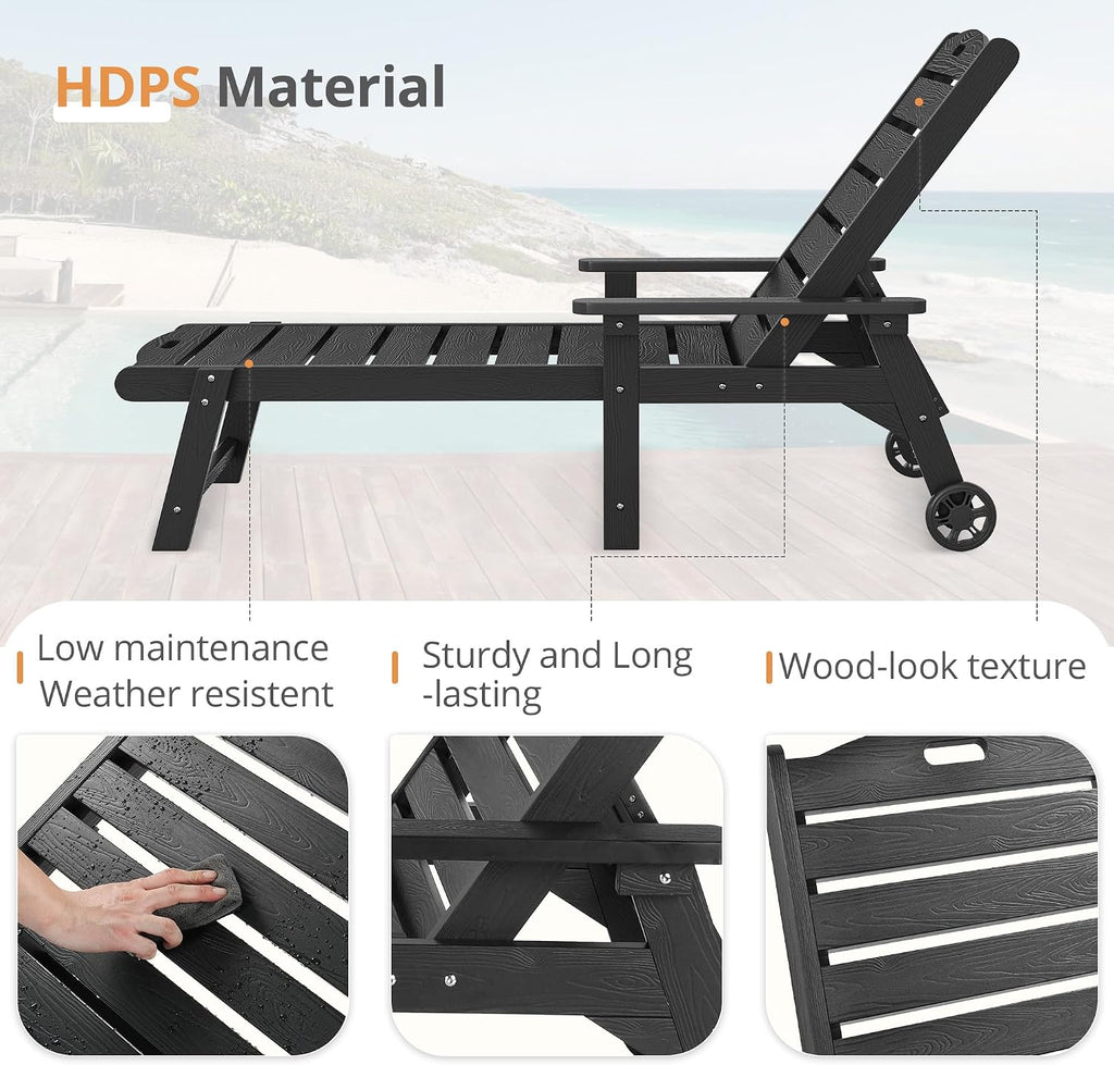 Outdoor Chaise Lounge, 5‐Position, 2‐Pack, Black | HDPS Oversized Lounge Chair with Armrest, Fade & Crack Resistant