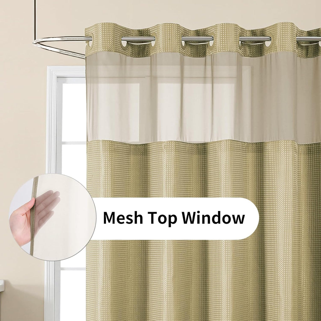Beige No Hook Waffle Shower Curtain Set, 72" W x 75" L | Snap-In Fabric Liner, Mesh Top Window, Heavy-Duty Waffle