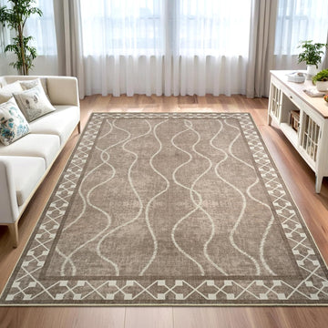 4x6 Area Rugs for Bedroom Living Room, Machine Washable Low Pile Rugs, Non Slip Modern Bordered Print Indoor Carpet