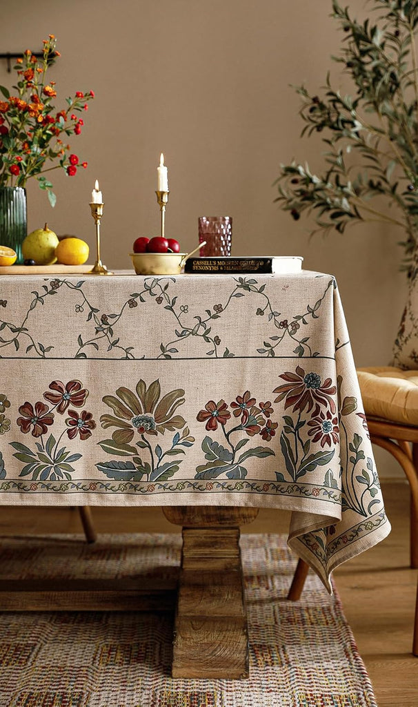 Designer Linen French Tablecloth for Rectangle Table,Fall Country Breathable Floral Tablecloths,Tabl